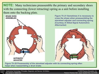 NOTE:   Many technicians preassemble the primary and secondary shoes with the connecting (lower retracting) spring as a unit before installing them onto the backing plate.  Figure 75–20 Preassembly of the starwheel adjuster with its connecting spring often helps when reassembling a drum brake.  Figure 75–21 Sometimes it is necessary to cross the shoes when preassembling the starwheel adjuster and connecting spring. (Courtesy of Allied Signal Automotive Aftermarket) 