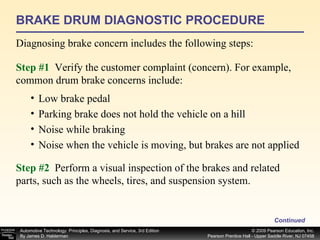 BRAKE DRUM DIAGNOSTIC PROCEDURE Diagnosing brake concern includes the following steps: Continued Step #1   Verify the customer complaint (concern). For example, common drum brake concerns include: Low brake pedal Parking brake does not hold the vehicle on a hill Noise while braking Noise when the vehicle is moving, but brakes are not applied Step #2   Perform a visual inspection of the brakes and related parts, such as the wheels, tires, and suspension system. 