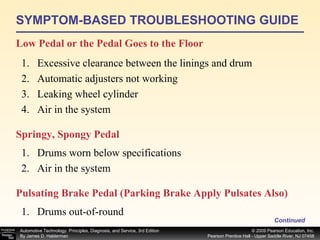 SYMPTOM-BASED TROUBLESHOOTING GUIDE Low Pedal or the Pedal Goes to the Floor Continued Excessive clearance between the linings and drum Automatic adjusters not working Leaking wheel cylinder Air in the system Springy, Spongy Pedal  Drums worn below specifications Air in the system Pulsating Brake Pedal (Parking Brake Apply Pulsates Also)  Drums out-of-round 