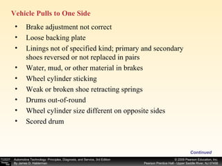 Vehicle Pulls to One Side  Continued Brake adjustment not correct Loose backing plate Linings not of specified kind; primary and secondary shoes reversed or not replaced in pairs Water, mud, or other material in brakes Wheel cylinder sticking Weak or broken shoe retracting springs Drums out-of-round Wheel cylinder size different on opposite sides Scored drum 