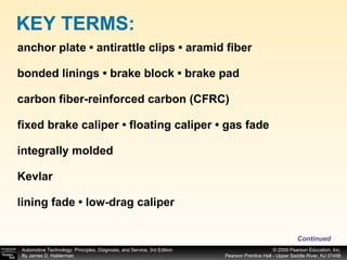 anchor plate • antirattle clips • aramid fiber bonded linings • brake block • brake pad carbon fiber-reinforced carbon (CFRC) fixed brake caliper • floating caliper • gas fade integrally molded Kevlar lining fade • low-drag caliper KEY TERMS: Continued 