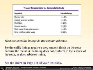 Most semimetallic linings do  not  contain asbestos . Semimetallic linings require a very smooth finish on the rotor because the metal in the lining does not conform to the surface of the rotor, as does asbestos lining. See the chart on Page 916 of your textbook.   
