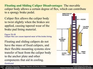 Floating and Sliding Caliper Disadvantages   The movable caliper body allows a certain degree of flex, which can contribute to a spongy brake pedal.  Figure 76–25 Caliper flex can cause tapered wear of the brake lining. Caliper flex allows the caliper body to twist slightly when the brakes are applied, causing tapered wear of the brake pad lining material.  Floating and sliding calipers do not have the mass of fixed calipers, and their flexible mounting systems slow  transfer of heat from the caliper body to the anchor plate and other components that aid in cooling. Continued 