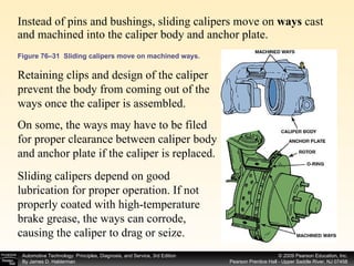 Figure 76–31  Sliding calipers move on machined ways. Instead of pins and bushings, sliding calipers move on  ways  cast and machined into the caliper body and anchor plate.  Retaining clips and design of the caliper prevent the body from coming out of the ways once the caliper is assembled.  On some, the ways may have to be filed for proper clearance between caliper body and anchor plate if the caliper is replaced.  Sliding calipers depend on good lubrication for proper operation. If not properly coated with high-temperature brake grease, the ways can corrode, causing the caliper to drag or seize.  