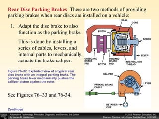 Figure 76–32  Exploded view of a typical rear disc brake with an integral parking brake. The parking brake lever mechanically pushes the calliper piston against the rotor. Rear Disc Parking Brakes   There are two methods of providing parking brakes when rear discs are installed on a vehicle: Adapt the disc brake to also function as the parking brake.  This is done by installing a series of cables, levers, and internal parts to mechanically actuate the brake caliper.  See Figures 76–33 and 76-34. Continued 