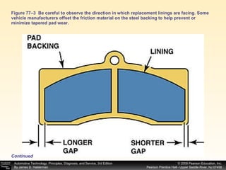 Figure 77–3  Be careful to observe the direction in which replacement linings are facing. Some vehicle manufacturers offset the friction material on the steel backing to help prevent or minimize tapered pad wear. Continued 