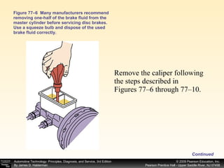 Figure 77–6  Many manufacturers recommend removing one-half of the brake fluid from the master cylinder before servicing disc brakes. Use a squeeze bulb and dispose of the used brake fluid correctly. Remove the caliper following the steps described in Figures 77–6 through 77–10. Continued 
