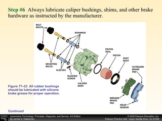 Step #6  Always lubricate caliper bushings, shims, and other brake hardware as instructed by the manufacturer.  Figure 77–23  All rubber bushings should be lubricated with silicone brake grease for proper operation. Continued 