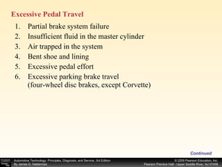 Partial brake system failure Insufficient fluid in the master cylinder Air trapped in the system Bent shoe and lining Excessive pedal effort Excessive parking brake travel (four-wheel disc brakes, except Corvette) Continued Excessive Pedal Travel  