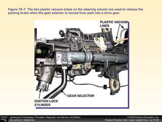 Figure 78–7  The two plastic vacuum tubes on the steering column are used to release the parking brake when the gear selector is moved from park into a drive gear. 
