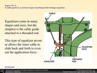 Figure 78–11 A cable guide is a common type of parking brake linkage equalizer. Equalizers come in many shapes and sizes, but the simplest is the cable guide attached to a threaded rod.  This type of equalizer pivots or allows the inner cable to slide back and forth to even out the application force. Continued 