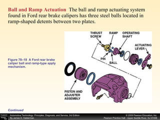 Figure 78–18  A Ford rear brake caliper ball and ramp-type apply mechanism. Ball and Ramp Actuation   The ball and ramp actuating system found in Ford rear brake calipers has three steel balls located in ramp-shaped detents between two plates.  Continued 