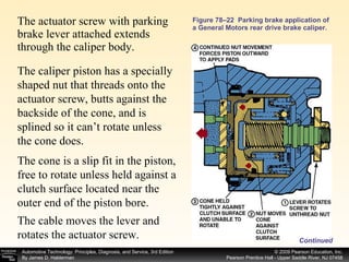 Figure 78–22  Parking brake application of a General Motors rear drive brake caliper. The actuator screw with parking brake lever attached extends through the caliper body.  Continued The caliper piston has a specially shaped nut that threads onto the actuator screw, butts against the backside of the cone, and is splined so it can’t rotate unless the cone does.  The cable moves the lever and rotates the actuator screw.  The cone is a slip fit in the piston, free to rotate unless held against a clutch surface located near the outer end of the piston bore. 