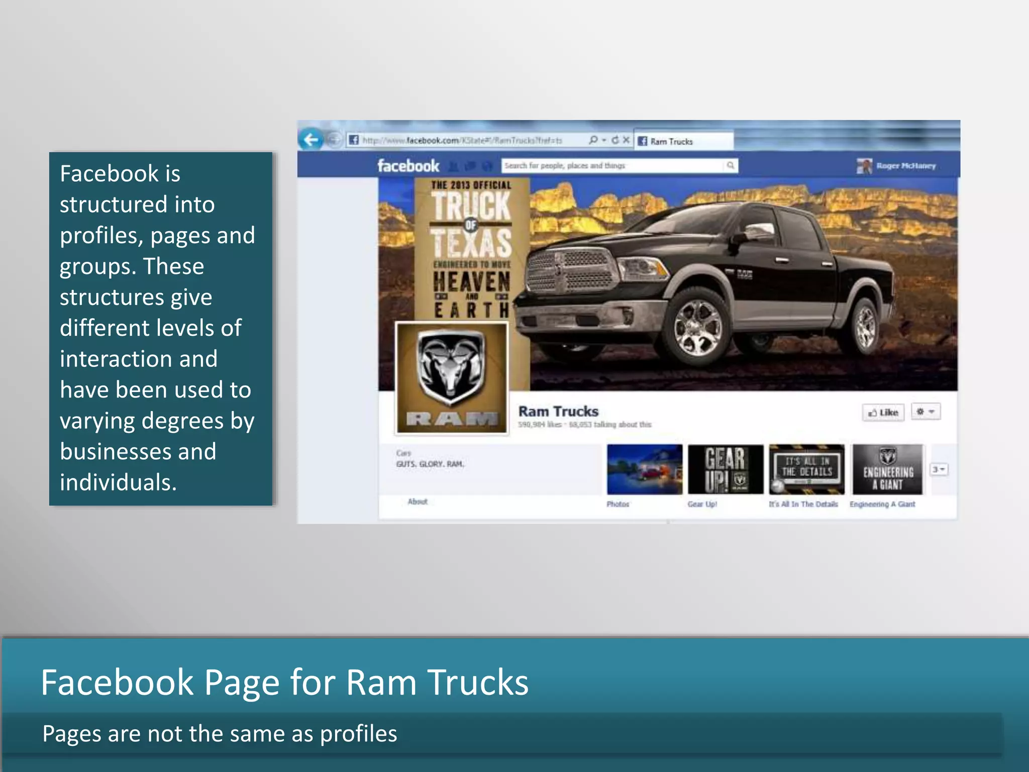 Facebook is
structured into
profiles, pages and
groups. These
structures give
different levels of
interaction and
have been used to
varying degrees by
businesses and
individuals.
Pages are not the same as profiles
Facebook Page for Ram Trucks
 