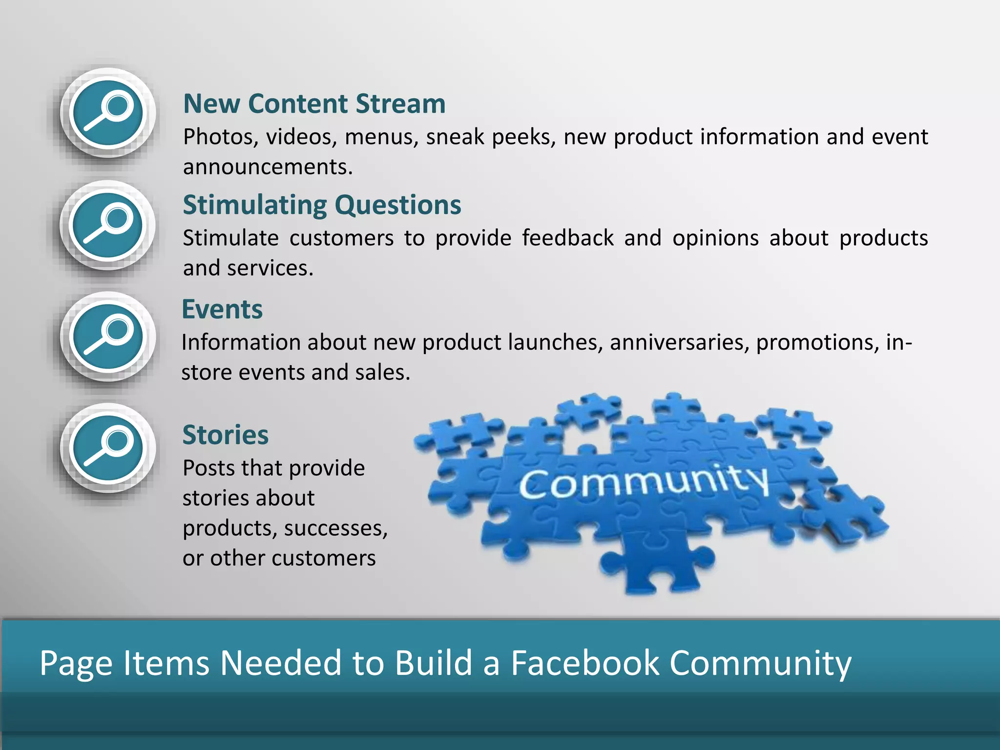 Page Items Needed to Build a Facebook Community
New Content Stream
Photos, videos, menus, sneak peeks, new product information and event
announcements.
Stimulating Questions
Stimulate customers to provide feedback and opinions about products
and services.
Events
Information about new product launches, anniversaries, promotions, in-
store events and sales.
Stories
Posts that provide
stories about
products, successes,
or other customers
 