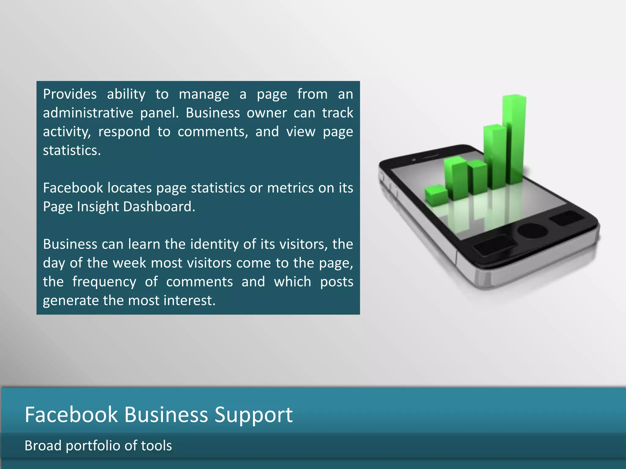 Provides ability to manage a page from an
administrative panel. Business owner can track
activity, respond to comments, and view page
statistics.
Facebook locates page statistics or metrics on its
Page Insight Dashboard.
Business can learn the identity of its visitors, the
day of the week most visitors come to the page,
the frequency of comments and which posts
generate the most interest.
Broad portfolio of tools
Facebook Business Support
 