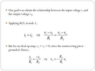  Our goal is to obtain the relationship between the input voltage vi and
the output voltage v0.
 Applying KCL at node 1,
 But for an ideal op amp, v1 = v2 = 0, since the noninverting pin is
grounded. Hence,
1 1
1 2
1
i o
f
v v v v
i i
R R
 
  
1 1
f
i o
o i
f
R
v v
v v
R R R

   
 