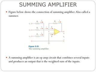  Figure below shows the connection of summing amplifier.Also called a
summer.
 A summing amplifier is an op amp circuit that combines several inputs
and produces an output that is the weighted sum of the inputs.
SUMMING AMPLIFIER
 