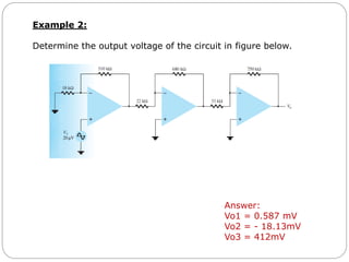Example 2:
Determine the output voltage of the circuit in figure below.
Answer:
Vo1 = 0.587 mV
Vo2 = - 18.13mV
Vo3 = 412mV
 