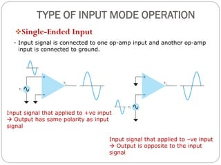 Single-Ended Input
TYPE OF INPUT MODE OPERATION
- Input signal is connected to one op-amp input and another op-amp
input is connected to ground.
Input signal that applied to –ve input
 Output is opposite to the input
signal
Input signal that applied to +ve input
 Output has same polarity as input
signal
 