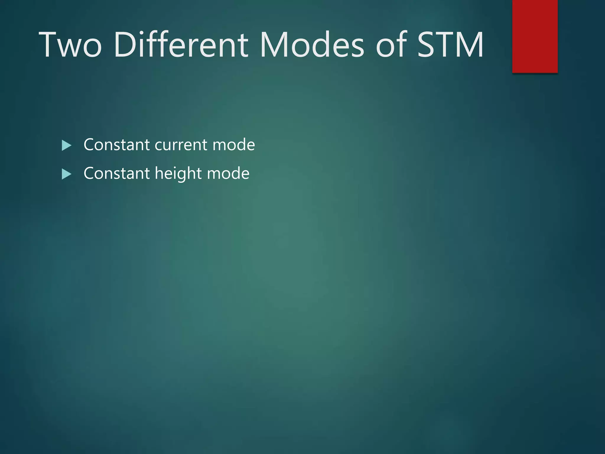 Two Different Modes of STM
 Constant current mode
 Constant height mode
 