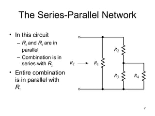 7
The Series-Parallel Network
• In this circuit
– R3 and R4 are in
parallel
– Combination is in
series with R2
• Entire combination
is in parallel with
R1
 