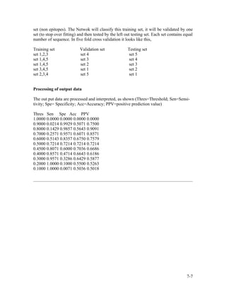 set (non epitopes). The Netwok will classify this training set, it will be validated by one
set (to stop over fitting) and then tested by the left out testing set. Each set contains equal
number of sequence. In five fold cross validation it looks like this,

Training set               Validation set               Testing set
set 1,2,3                  set 4                        set 5
set 1,4,5                  set 3                        set 4
set 1,4,5                  set 2                        set 3
set 3,4,5                  set 1                        set 2
set 2,3,4                  set 5                        set 1


Processing of output data

The out put data are processed and interpreted, as shown (Thres=Threshold; Sen=Sensi-
tivity; Spe= Specificity; Acc=Accuracy; PPV=positive prediction value)

Thres Sen Spe Acc PPV
1.0000 0.0000 0.0000 0.0000 0.0000
0.9000 0.0214 0.9929 0.5071 0.7500
0.8000 0.1429 0.9857 0.5643 0.9091
0.7000 0.2571 0.9571 0.6071 0.8571
0.6000 0.5143 0.8357 0.6750 0.7579
0.5000 0.7214 0.7214 0.7214 0.7214
0.4500 0.8071 0.6000 0.7036 0.6686
0.4000 0.8571 0.4714 0.6643 0.6186
0.3000 0.9571 0.3286 0.6429 0.5877
0.2000 1.0000 0.1000 0.5500 0.5263
0.1000 1.0000 0.0071 0.5036 0.5018




                                                                                           7-7
 