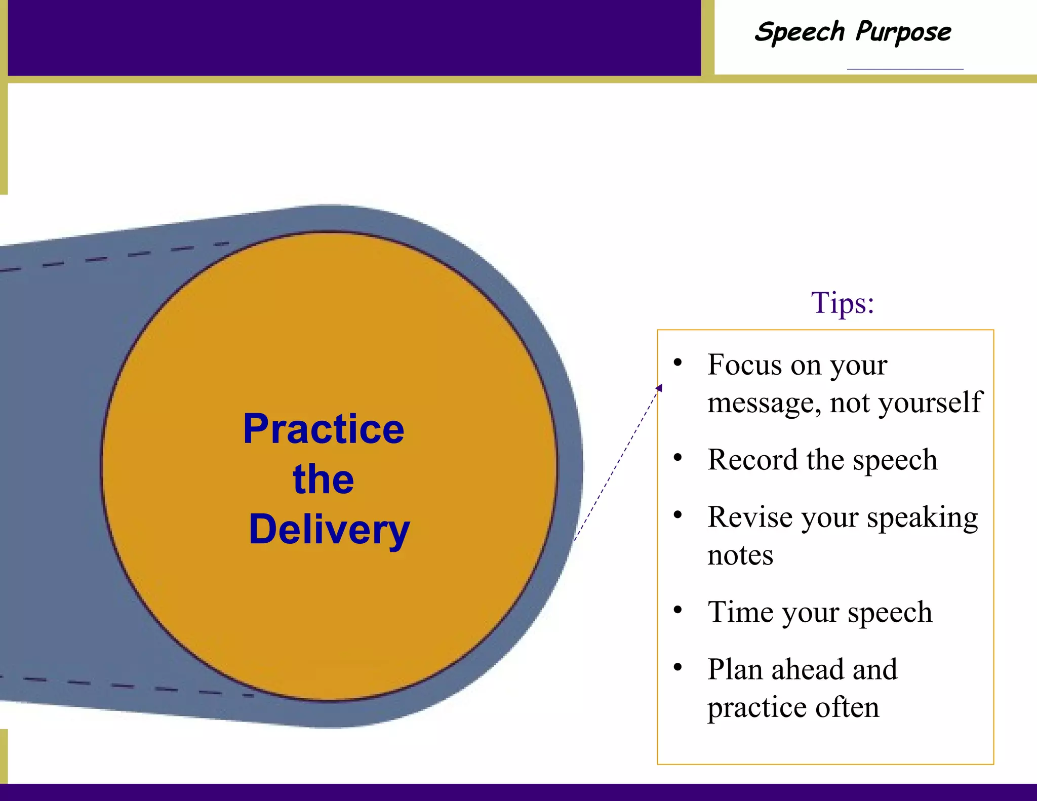 Practice  the  Delivery Focus on your message, not yourself Record the speech Revise your speaking notes Time your speech Plan ahead and practice often Tips:   