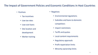 The Impact of Government Policies and Economic Conditions in Host Countries
• Positives
• Tax incentives
• Low tax rates
• Low-cost loans
• Site location and
development
• Worker training
• Negatives
• Environmental regulations
• Subsidies and loans to domestic
competitors
• Import restrictions
• Tariffs and quotas
• Local-content requirements
• Regulatory approvals
• Profit repatriation limits
• Minority ownership limits
10
 