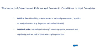 The Impact of Government Policies and Economic Conditions in Host Countries
• Political risks - instability or weaknesses in national governments, hostility
to foreign business (e.g. Argentina nationalized Repsol)
• Economic risks - instability of country’s monetary system, economic and
regulatory policies, lack of proprietary rights protection.
 