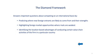 The Diamond Framework
Answers important questions about competing on an international basis by:
• Predicting where new foreign entrants are likely to come from and their strengths
• Highlighting foreign market opportunities where rivals are weakest
• Identifying the location-based advantages of conducting certain value chain
activities of the firm in a particular country
6
 