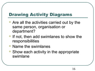 Drawing Activity Diagrams 
Are all the activities carried out by the 
same person, organisation or 
department? 
If not, then add swimlanes to show the 
responsibilities 
Name the swimlanes 
Show each activity in the appropriate 
swimlane 
16 
 