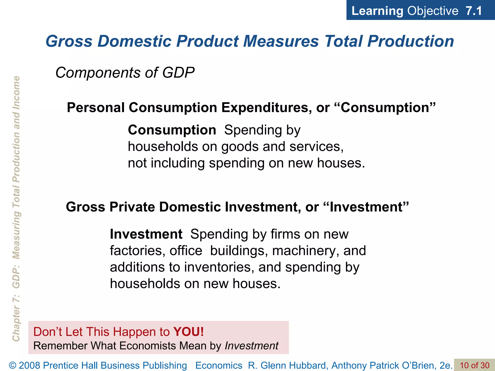 Gross Domestic Product Measures Total Production Learning  Objective  7.1 Components of GDP Consumption  Spending by households on goods and services, not including spending on new houses. Personal Consumption Expenditures, or “Consumption” Investment  Spending by firms on new factories, office  buildings, machinery, and additions to inventories, and spending by households on new houses. Gross Private Domestic Investment, or “Investment” Don’t Let This Happen to  YOU! Remember What Economists Mean by  Investment 