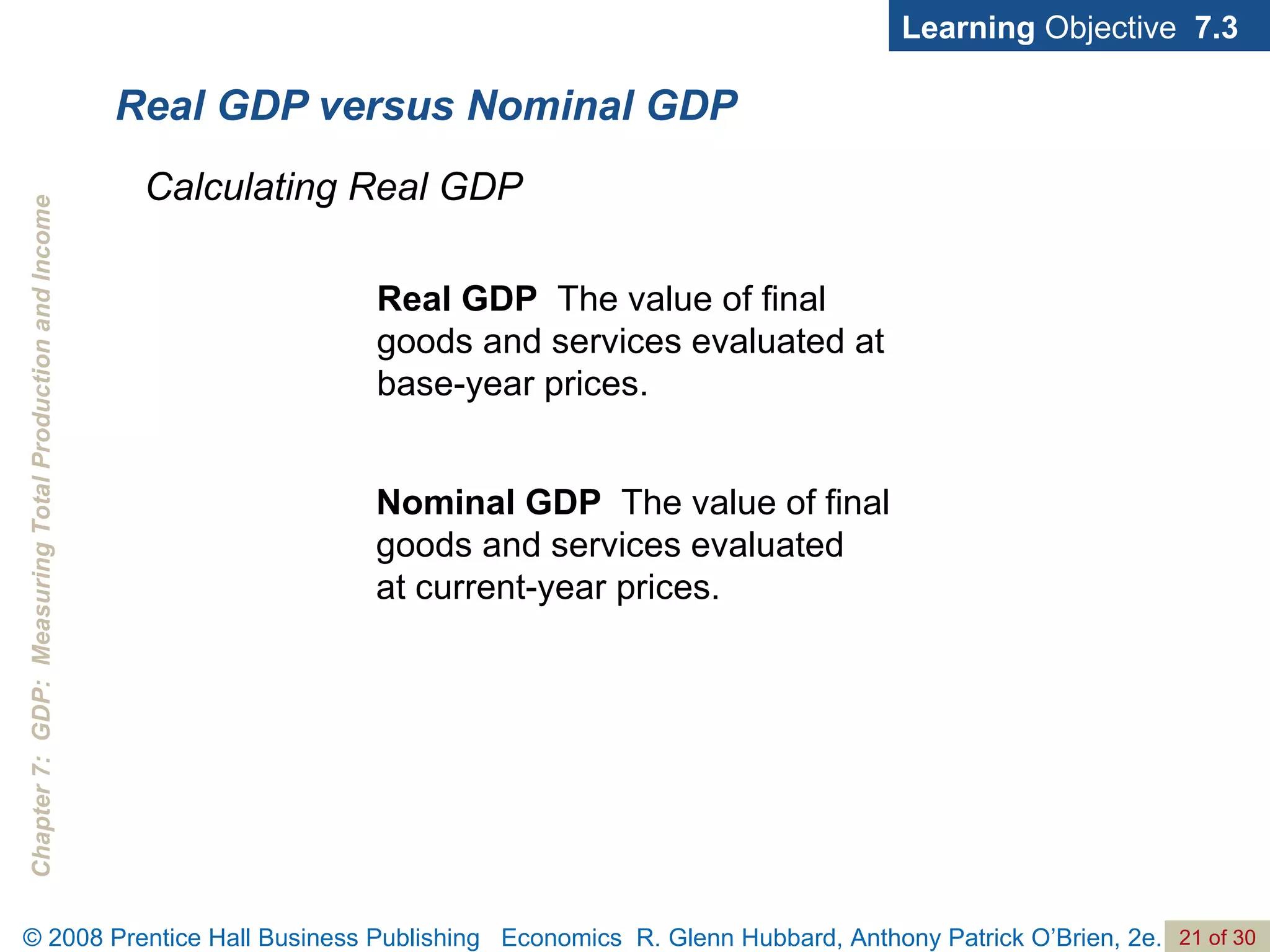 Real GDP versus Nominal GDP Learning  Objective  7.3 Real GDP   The value of final goods and services evaluated at base-year prices. Calculating Real GDP Nominal GDP  The value of final goods and services evaluated  at current-year prices. 