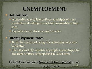 UNEMPLOYMENT Definition: A situation where labour force participations are available and willing to work but are unable to find jobs.   key indicator of the economy’s health. Unemployment rate: It can be measured using this unemployment rate indicator. The ration of the number of people unemployed to the total number of people in the labor force.  Unemployment rate =  Number of Unemployed   x  100 (%) Labour Force 