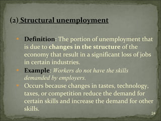 (2)  Structural unemployment Definition : The portion of unemployment that is due to  changes in the structure  of the economy that result in a significant loss of jobs in certain industries. Example :  W orkers do not have the skills demanded by employers. Occurs because changes in tastes, technology, taxes, or competition reduce the demand for certain skills and increase the demand for other skills. 