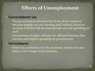 Government tax The government will earn less from direct taxation because people are not earning and indirect taxation revenue will also fall because people are not spending as well. Government budget will also be affected because less income and higher spending by government. Investment Firm lose confidence in the economy and do not put money into longer-term projects. Effects of Unemployment 