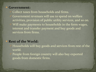 Government: Collect taxes from households and firms. Government revenues will use to spend on welfare activities, provision of public utility services, and so on. Will make payments to households in the form wages, interest and transfer payment and buy goods and services from firms. Rest of the World: Households will buy goods and services from rest of the world. People from foreign country will also buy exported goods from domestic firms. 