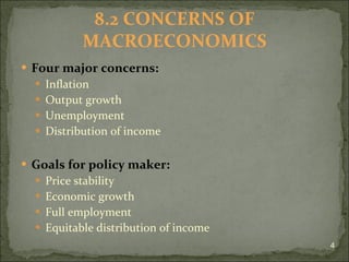 Four major concerns: Inflation Output growth Unemployment Distribution of income Goals for policy maker: Price stability Economic growth Full employment Equitable distribution of income 8.2 CONCERNS OF MACROECONOMICS 