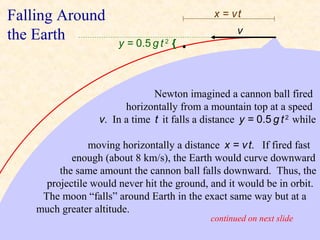 Falling Around                                x = vt
                                                    v
the Earth              y = 0.5 g t 2 {



                               Newton imagined a cannon ball fired
                        horizontally from a mountain top at a speed
                  v. In a time t it falls a distance y = 0.5 g t 2 while

                moving horizontally a distance x = v t. If fired fast
            enough (about 8 km/s), the Earth would curve downward
         the same amount the cannon ball falls downward. Thus, the
      projectile would never hit the ground, and it would be in orbit.
     The moon “falls” around Earth in the exact same way but at a
    much greater altitude.                                          .
                                             continued on next slide
 