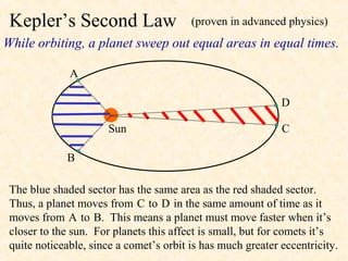 Kepler’s Second Law                     (proven in advanced physics)
While orbiting, a planet sweep out equal areas in equal times.

              A

                                                             D

                       Sun                                   C

             B

 The blue shaded sector has the same area as the red shaded sector.
 Thus, a planet moves from C to D in the same amount of time as it
 moves from A to B. This means a planet must move faster when it’s
 closer to the sun. For planets this affect is small, but for comets it’s
 quite noticeable, since a comet’s orbit is has much greater eccentricity.
 