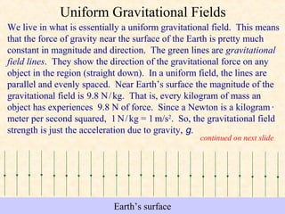 Uniform Gravitational Fields
We live in what is essentially a uniform gravitational field. This means
that the force of gravity near the surface of the Earth is pretty much
constant in magnitude and direction. The green lines are gravitational
field lines. They show the direction of the gravitational force on any
object in the region (straight down). In a uniform field, the lines are
parallel and evenly spaced. Near Earth’s surface the magnitude of the
gravitational field is 9.8 N / kg. That is, every kilogram of mass an
object has experiences 9.8 N of force. Since a Newton is a kilogram ·
meter per second squared, 1 N / kg = 1 m/s2. So, the gravitational field
strength is just the acceleration due to gravity, g.
                                                   continued on next slide




                            Earth’s surface
 