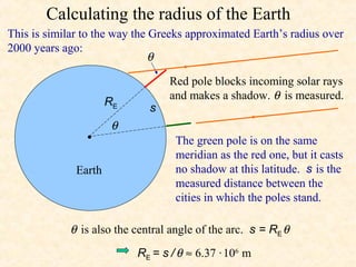 Calculating the radius of the Earth
This is similar to the way the Greeks approximated Earth’s radius over
2000 years ago:
                               θ
                                  Red pole blocks incoming solar rays
                                  and makes a shadow. θ is measured.
                      RE
                              s
                       θ
                                    The green pole is on the same
                                    meridian as the red one, but it casts
              Earth                 no shadow at this latitude. s is the
                                    measured distance between the
                                    cities in which the poles stand.

             θ is also the central angle of the arc. s = RE θ
                           RE = s / θ ≈ 6.37 · 106 m
 