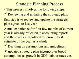 Strategic Planning Process
• This process involves the following steps:
 Reviewing and updating the strategic plan:
first step is to review and update the strategic
plan agreed to last year
Actual experience for first few months of current
year is already reflected in accounting reports
and these are extrapolated for current best
estimate of the year as a whole
 Deciding on assumptions and guidelines:
 updated strategic plan incorporates broad
assumptions as growth in GDP, labour rates etc.

 
