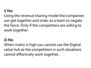 i)Yes
Using the revenue sharing model the companies
can get together and order as a team to negate
the force. Only if the competitors are willing to
work together.
ii) No
When rivalry is high you cannot use the Digital
value hub as the competitors in such situations
cannot effectively work together.
 