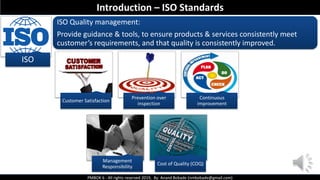PMBOK 6 - All rights reserved 2019, By: Anand Bobade (nmbobade@gmail.com)
ISO
ISO Quality management:
Provide guidance & tools, to ensure products & services consistently meet
customer’s requirements, and that quality is consistently improved.
Customer Satisfaction
Prevention over
inspection
Continuous
improvement
Management
Responsibility
Cost of Quality (COQ)
Introduction – ISO Standards
 
