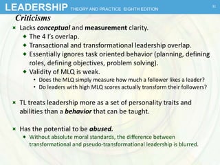 LEADERSHIP THEORY AND PRACTICE EIGHTH EDITION
Criticisms
 Lacks conceptual and measurement clarity.
 The 4 I’s overlap.
 Transactional and transformational leadership overlap.
 Essentially ignores task oriented behavior (planning, defining
roles, defining objectives, problem solving).
 Validity of MLQ is weak.
• Does the MLQ simply measure how much a follower likes a leader?
• Do leaders with high MLQ scores actually transform their followers?
 TL treats leadership more as a set of personality traits and
abilities than a behavior that can be taught.
 Has the potential to be abused.
 Without absolute moral standards, the difference between
transformational and pseudo-transformational leadership is blurred.
31
 
