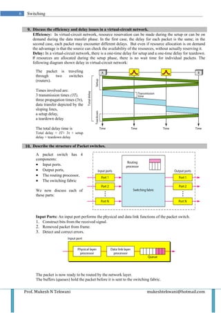 6    Switching


     9. Discuss the efficiency and delay issues in a virtual-circuit network.
        Efficiency: In virtual-circuit network, resource reservation can be made during the setup or can be on
        demand during the data transfer phase. In the first case, the delay for each packet is the same; in the
        second case, each packet may encounter different delays. But even if resource allocation is on demand
        the advantage is that the source can check the availability of the resources, without actually reserving it.
        Delay: In a virtual-circuit network, there is a one-time delay for setup and a one-time delay for teardown.
        If resources are allocated during the setup phase, there is no wait time for individual packets. The
        following diagram shown delay in virtual-circuit network:

          The packet is       traveling
          through    two      switches
          (routers).

          Times involved are:
          3 transmission times (3T),
          three propagation times (3τ),
          data transfer depicted by the
          sloping lines,
          a setup delay,
          a teardown delay

          The total delay time is
          Total delay = 3T+ 3τ + setup
          delay + teardown delay

    10. Describe the structure of Packet switches.
          A packet switch has 4
          components:
          • Input ports.
          • Output ports,
          • The routing processor,
          • The switching fabric

          We now discuss each of
          these parts:




          Input Ports: An input port performs the physical and data link functions of the packet switch.
          1. Construct bits from the received signal.
          2. Removed packet from frame.
          3. Detect and correct errors.




          The packet is now ready to be routed by the network layer.
          The buffers (queues) hold the packet before it is sent to the switching fabric.


    Prof. Mukesh N Tekwani                                                      mukeshtekwani@hotmail.com
 