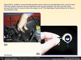 Figure 80–8  (a) Many vacuum-brake-booster check valves are located where the vacuum hose from the engine (vacuum source) attaches to the vacuum booster. (b) This one-way valve prevents the loss of vacuum when the engine is off. The diaphragm inside allows air to flow in one direction only. (a) (b) Continued 