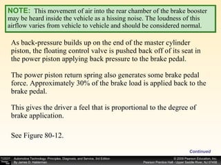 As back-pressure builds up on the end of the master cylinder piston, the floating control valve is pushed back off of its seat in the power piston applying back pressure to the brake pedal. The power piston return spring also generates some brake pedal force. Approximately 30% of the brake load is applied back to the brake pedal. This gives the driver a feel that is proportional to the degree of brake application. See Figure 80-12. NOTE:   This movement of air into the rear chamber of the brake booster may be heard inside the vehicle as a hissing noise. The loudness of this airflow varies from vehicle to vehicle and should be considered normal. Continued 
